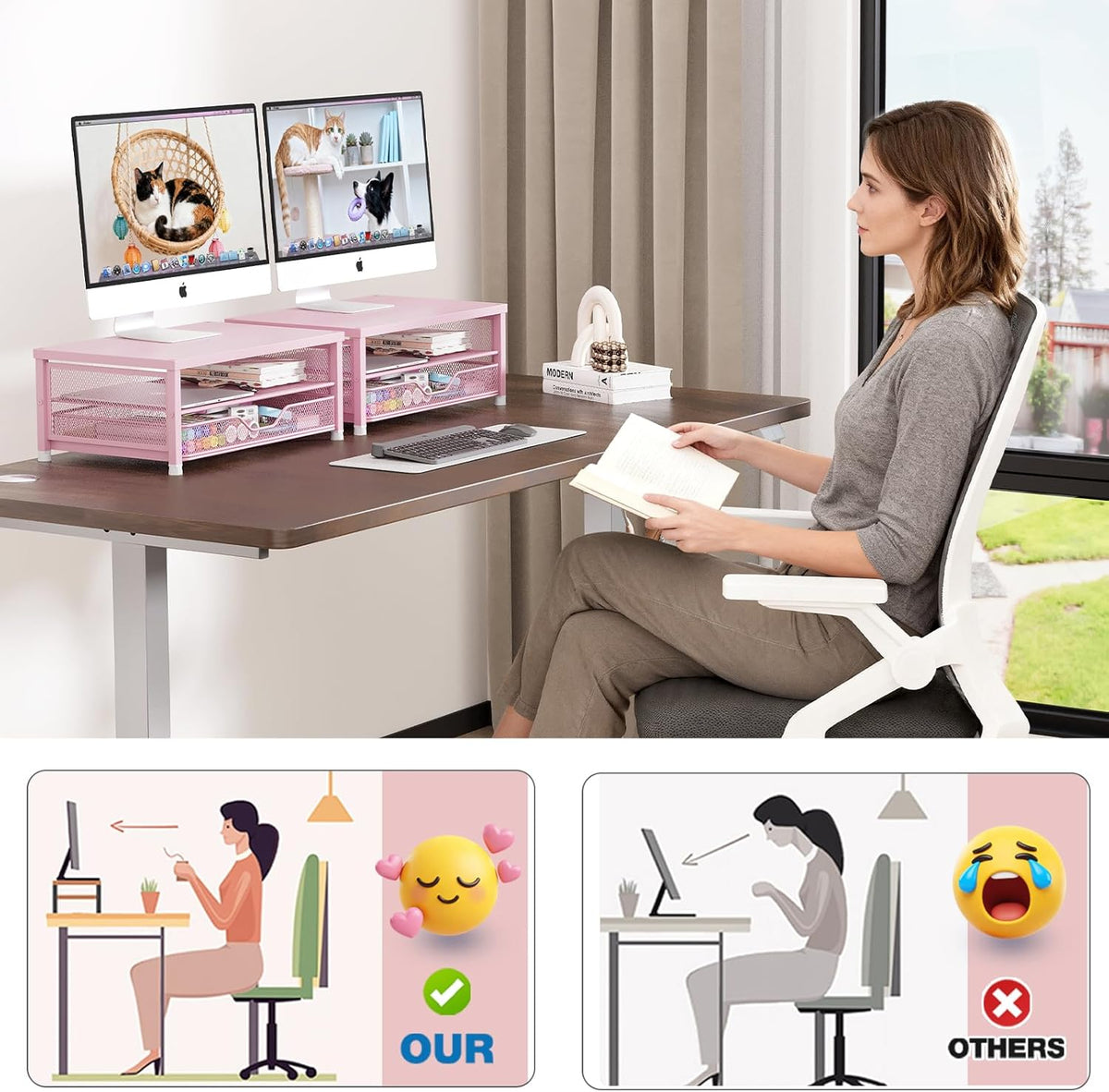 Desk Organizers and Accessories, 2-Tier Computer Monitor Stand Riser with Drawer, Laptop Stand, Office Desk Accessories, Workspace Desktop Organizer for Office Supplies, Pink