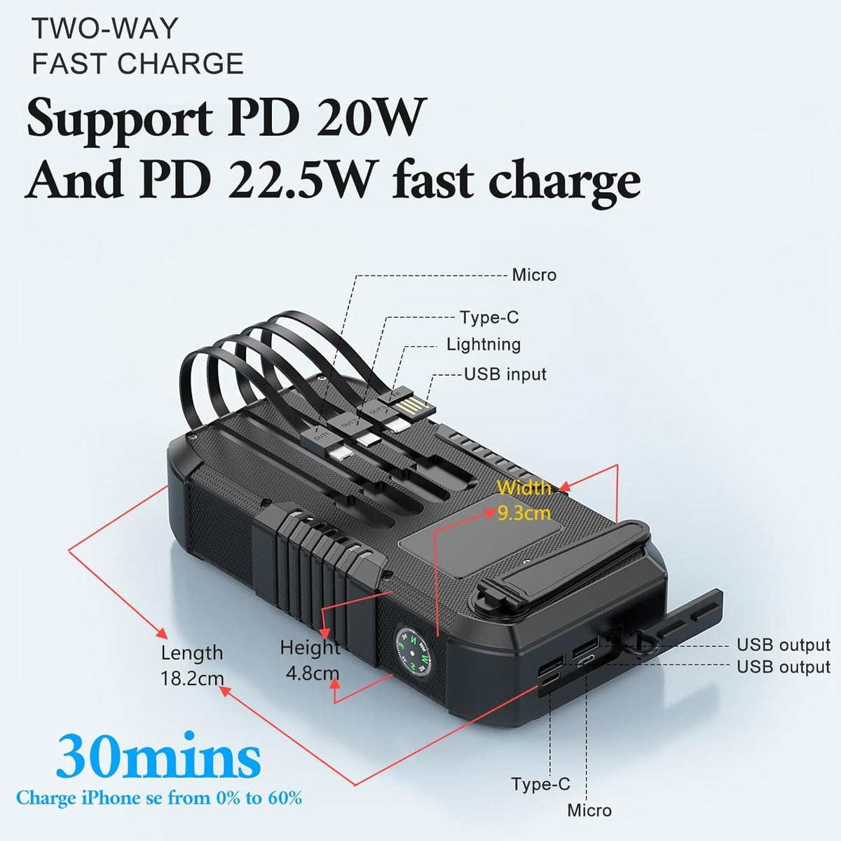 Solar Power Bank 66800mAh Built in Hand Crank and 4 Cables 22.5W Fast Charge,Camping Essentials/SOS/Strobe/Strong Flashlights,Compass Solar Portable Charger Power Bank (Black)
