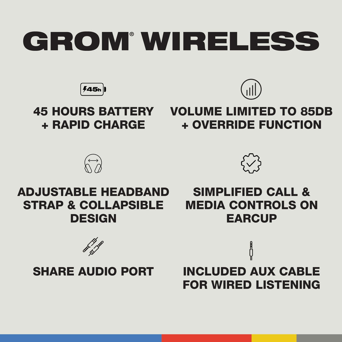 Skullcandy Grom Wireless Headphones, Volume-Limiting Audio, Comfortable Over-Ear Fit, Designed for Kids 6+, Up to 45 Hours Battery, Backup 3.5mm AUX