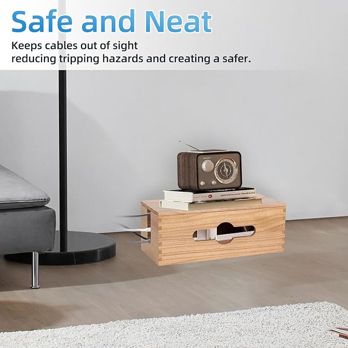 3PCS Wooden Cable Management Box Kit Wooden Cable Hider Storage Box Cord Organizer to Hide Cords & Wires for Desk Organization Protector Box for Home Office Kitchen Desk TV Computer Wires (S + M + L)