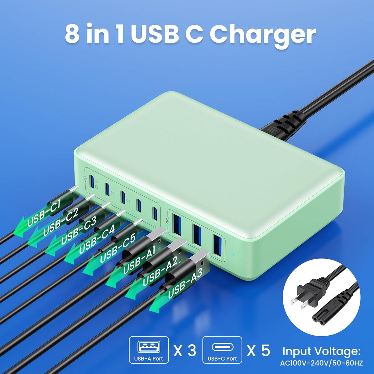 USB C Charger 300W USB C Charger Block 8-Ports GaN IV Fast Charging Station,PD 100W Laptop Charging Hub Wall Adapter Compatible with MacBook/Air,DELL,Steam Desk,iPhone 16/15/14,Galaxy S24 etc
