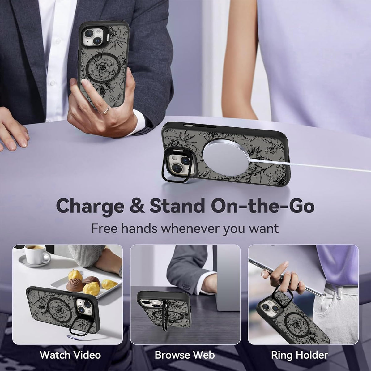 OOK Magnetic Case for iPhone 13 with Kickstand, Built-in Camera Stash Stand, Slim Translucent Matte Case, Black Floral