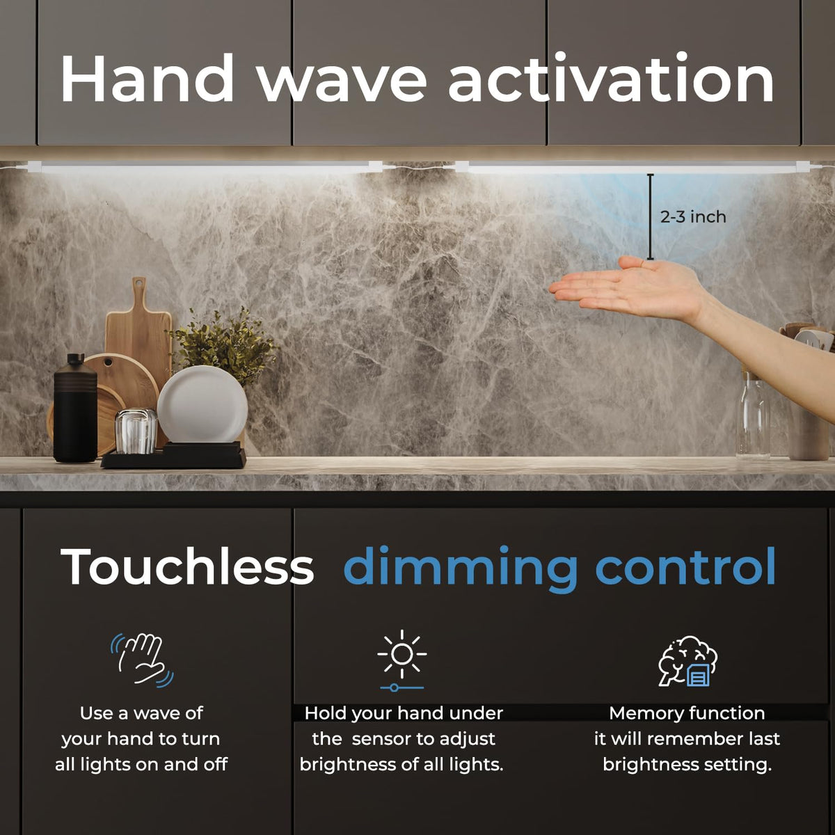 EShine Hand Wave Activated Under Cabinet LED Lighting Kit, Dimmable, 6-Pack 7 in - Touchless Dimming Control, White Under Counter Lights for Kitchen