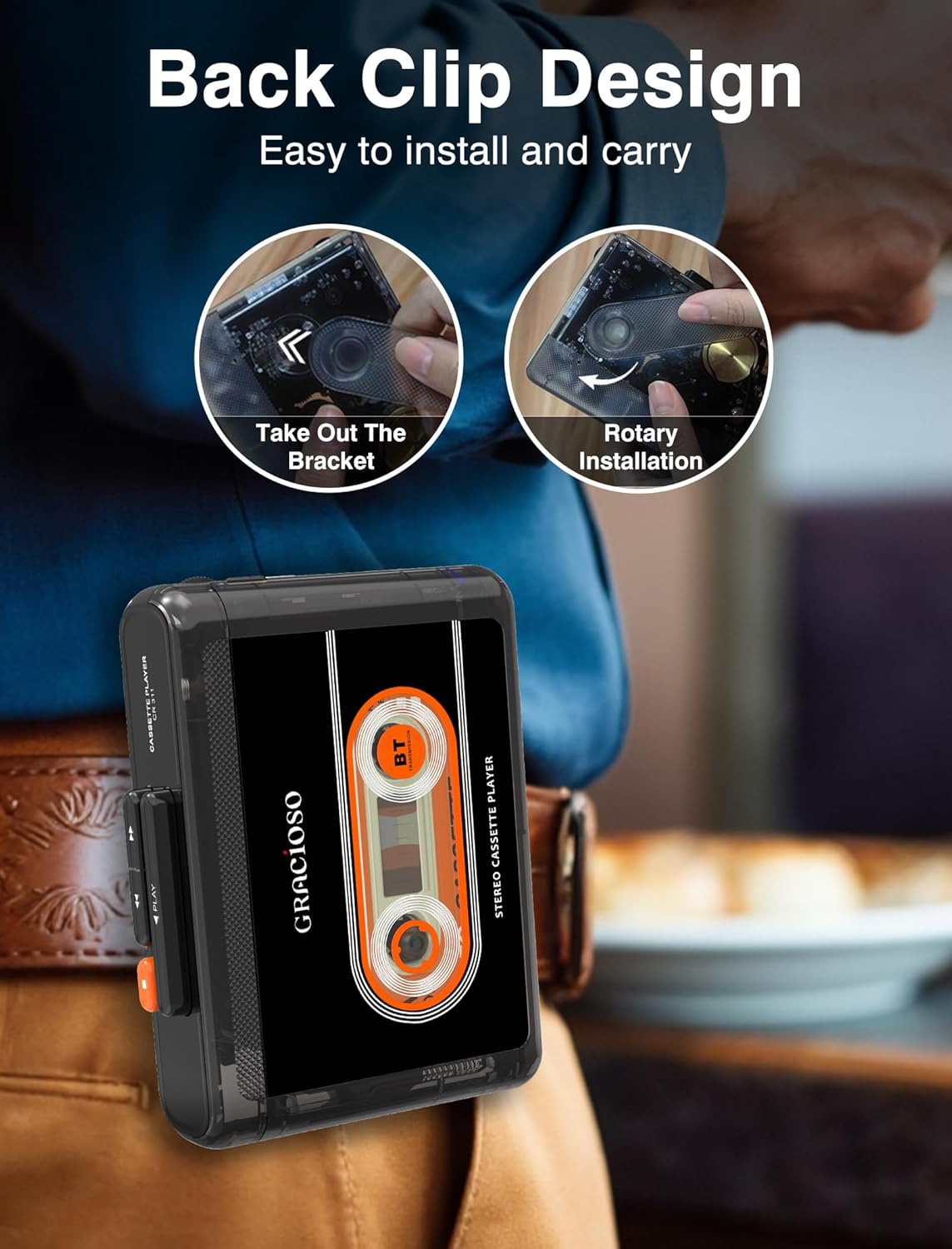 Gracioso Cassette 1100mAH Cassette Cassette Bluetooth Tape Player with Rechargeable Battery, Compact Vintage Player