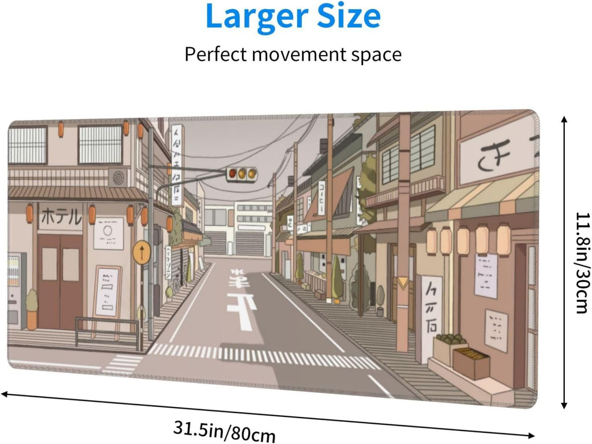 Tokyo Street Anime Kawaii Large Gaming Mousepad XXL Beige Cute Desktop Laptop Keyboard Mouse Mat Desk Pad Big 31.5''x15.7'' with Stitched Edges Non-Slip Rubber Base