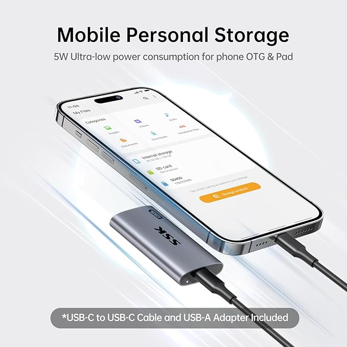 SSK 128GB SSD External Hard Drive Portable SSD Up to 550MB/s Fast Solid State Drives External Drive USB 3.2 Gen2 for iPhone 15/Pro Windows Mac Android with LED Light Trim SMART Supported