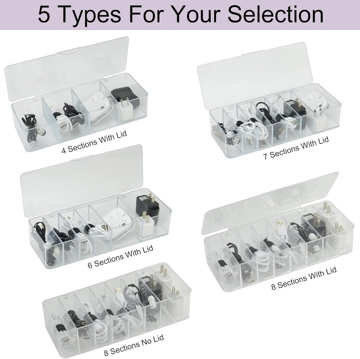 Electronics Organizer with 7 Sections, Clear Acrylic Cable Storage Bin Box, Includes 20 PCS Reusable Cable Ties (7