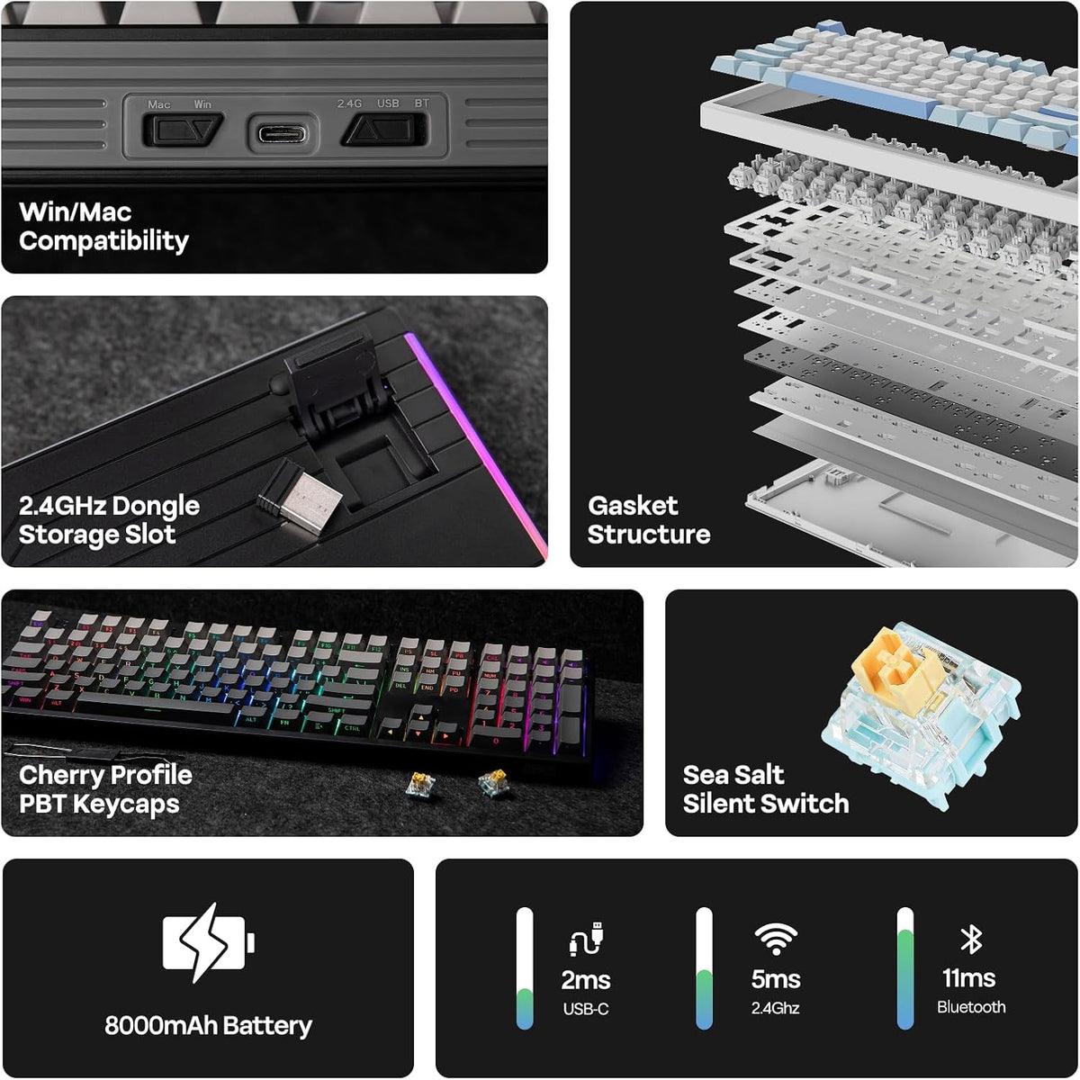 EPOMAKER TH108 Full Size Mechanical Keyboard, Wireless Gaming Keyboard with 8000mAh Battery, Creamy Gasket, 108 Keys, Hot Swap, Custom Driver, RGB Backlight (Black, Sea Salt Silent)
