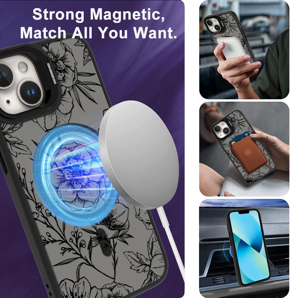 OOK Magnetic Case for iPhone 13 with Kickstand, Built-in Camera Stash Stand, Slim Translucent Matte Case, Black Floral