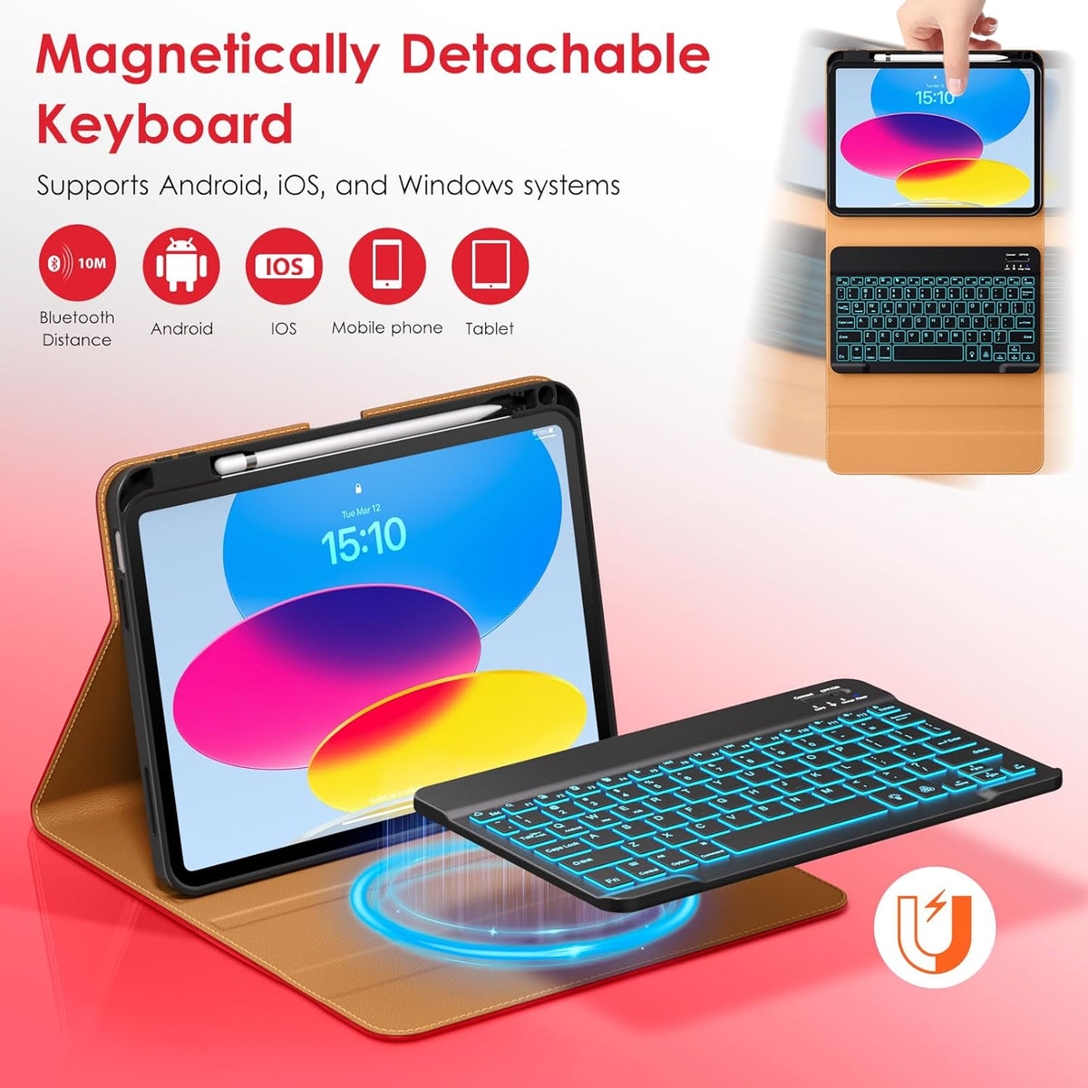 DTTO for iPad 11th (A16)/ 10th Generation Case with Keyboard (2025/2022), 7 Colors Backlit Wireless Detachable Keyboard Leather Folio Cover with Pencil Holder & Pocket, Bright Red