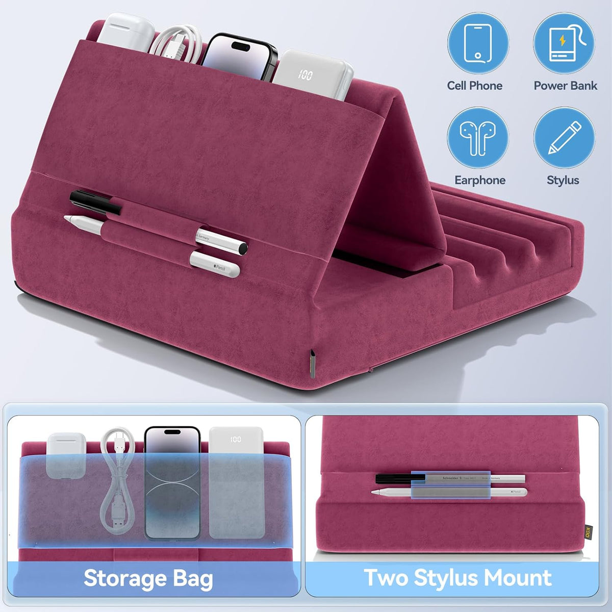 KDD Tablet Pillow Holder, Foldable iPad Stand for Lap, Bed and Desk -Tablet Soft Pad Dock with Pocket & Stylus Mount Compatible with iPad Pro 12.9, 10.5, 9.7 Air Mini 6 5 4 3, Galaxy Tab, E-Reader