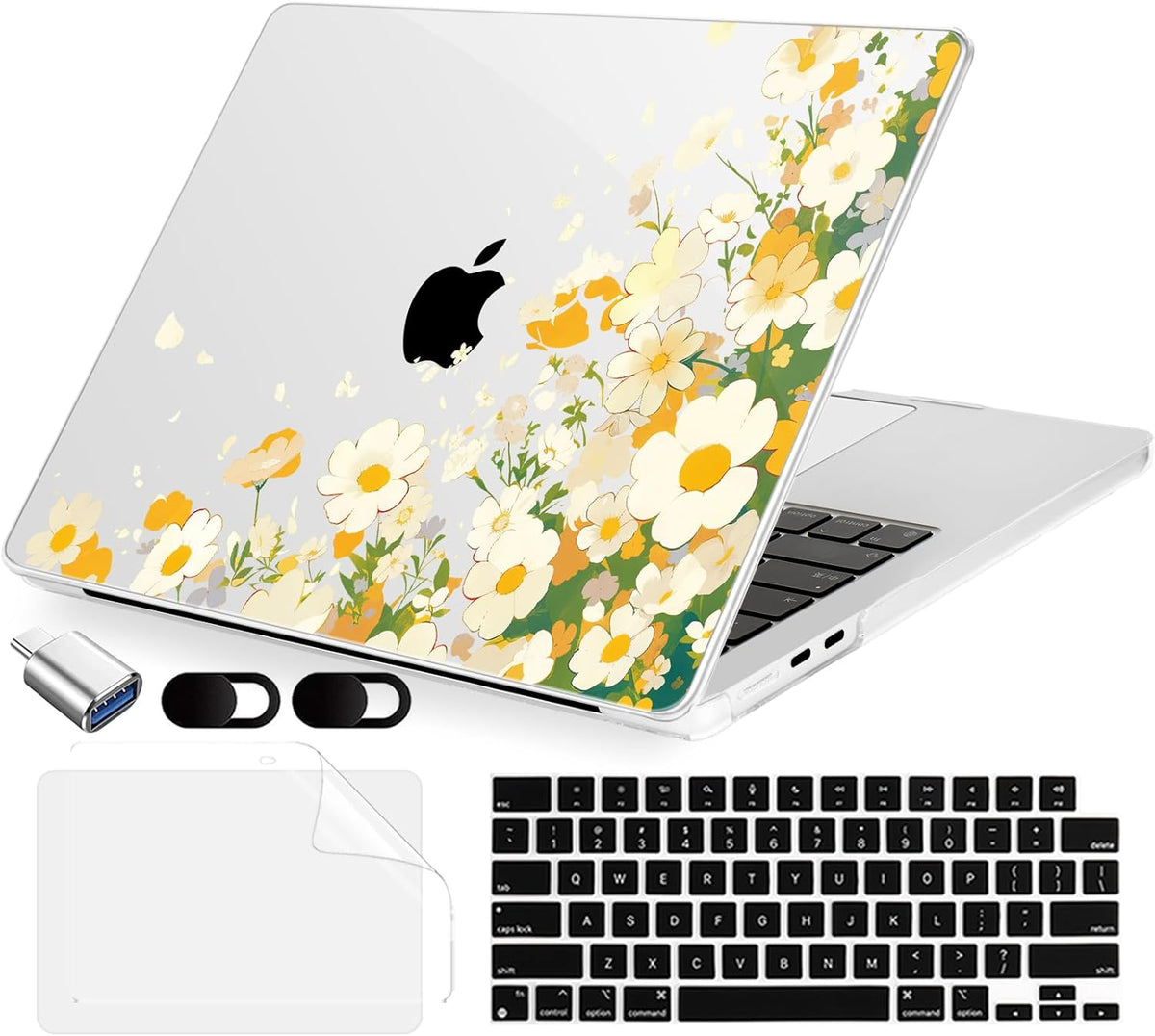 Compatible with MacBook Air 13.6 inch Case, M4 A3240/M3 A3113/M2 A2681 (Released 2025 to 2022), Hard Shell, Keyboard Cover, Screen Protector, Webcam Cover & Type-C Adapter, Scatter Daisies