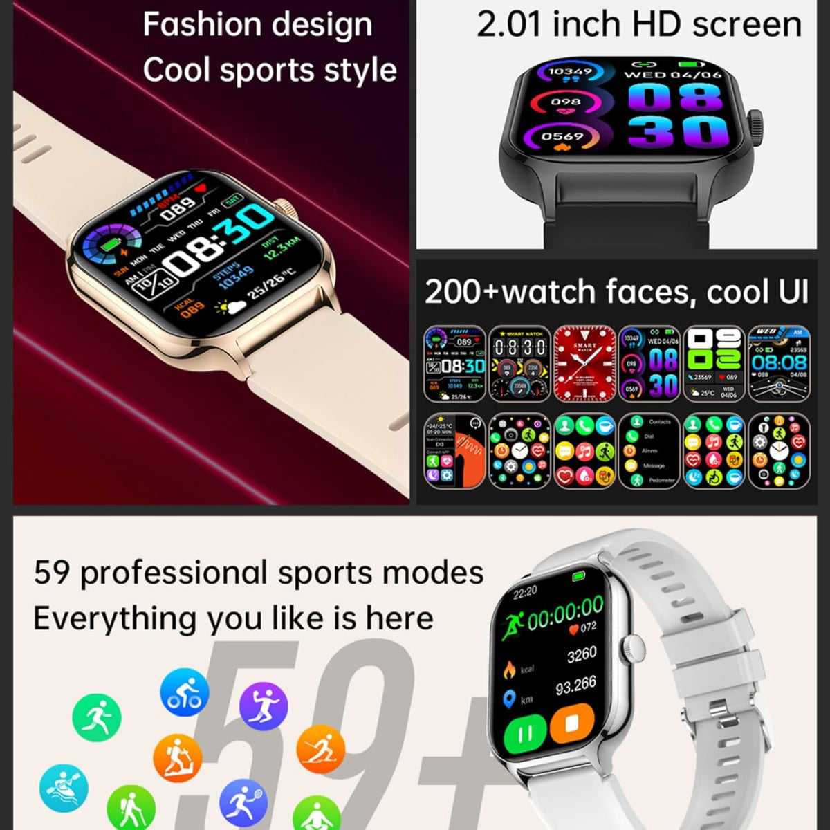 Smart Watch for Women Men, 2.01" IP67 Waterproof, Fitness Watch with Heart Rate Sleep Monitor, Steps Calories Counter