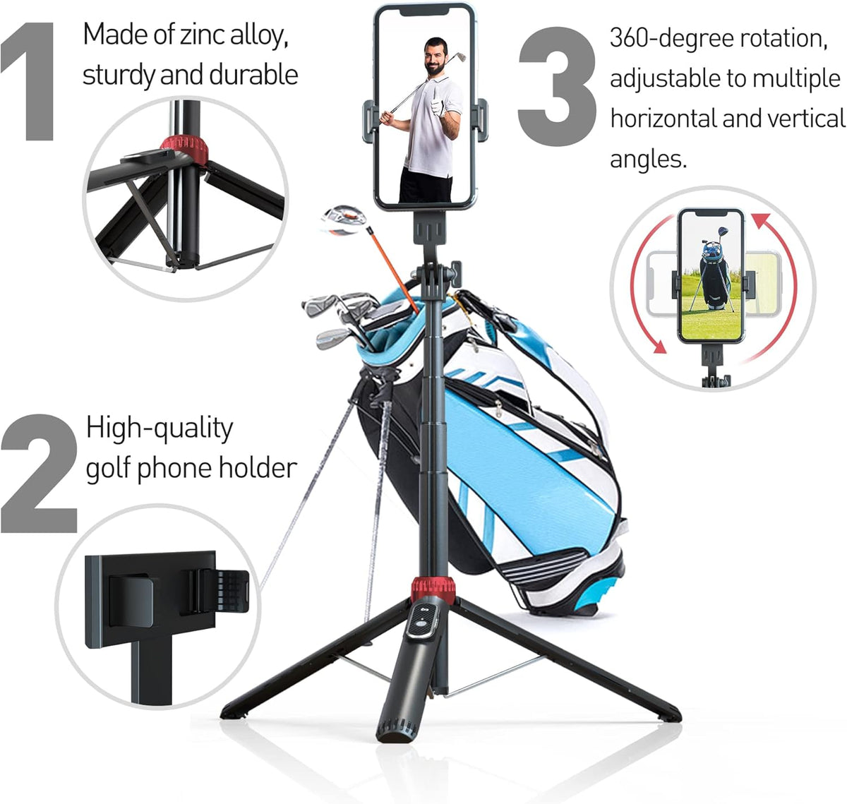 62" Phone Tripod & Selfie Stick for Golf Training, Extendable Cell Phone Tripod Stand with Wireless Remote and Phone Holder, Golf Training Aid - Compatible with iPhone Android iPhone