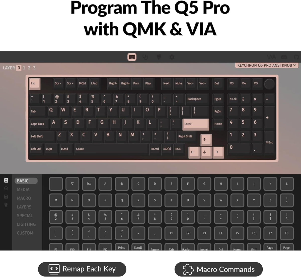 Keychron Q5 Pro QMK/VIA Wireless Custom Mechanical Keyboard, 96% Layout with Programmable Knob, KSA Double-Shot PBT Keycaps with Hot-swappable K Pro Red Switch for Mac Windows Linux - Gray