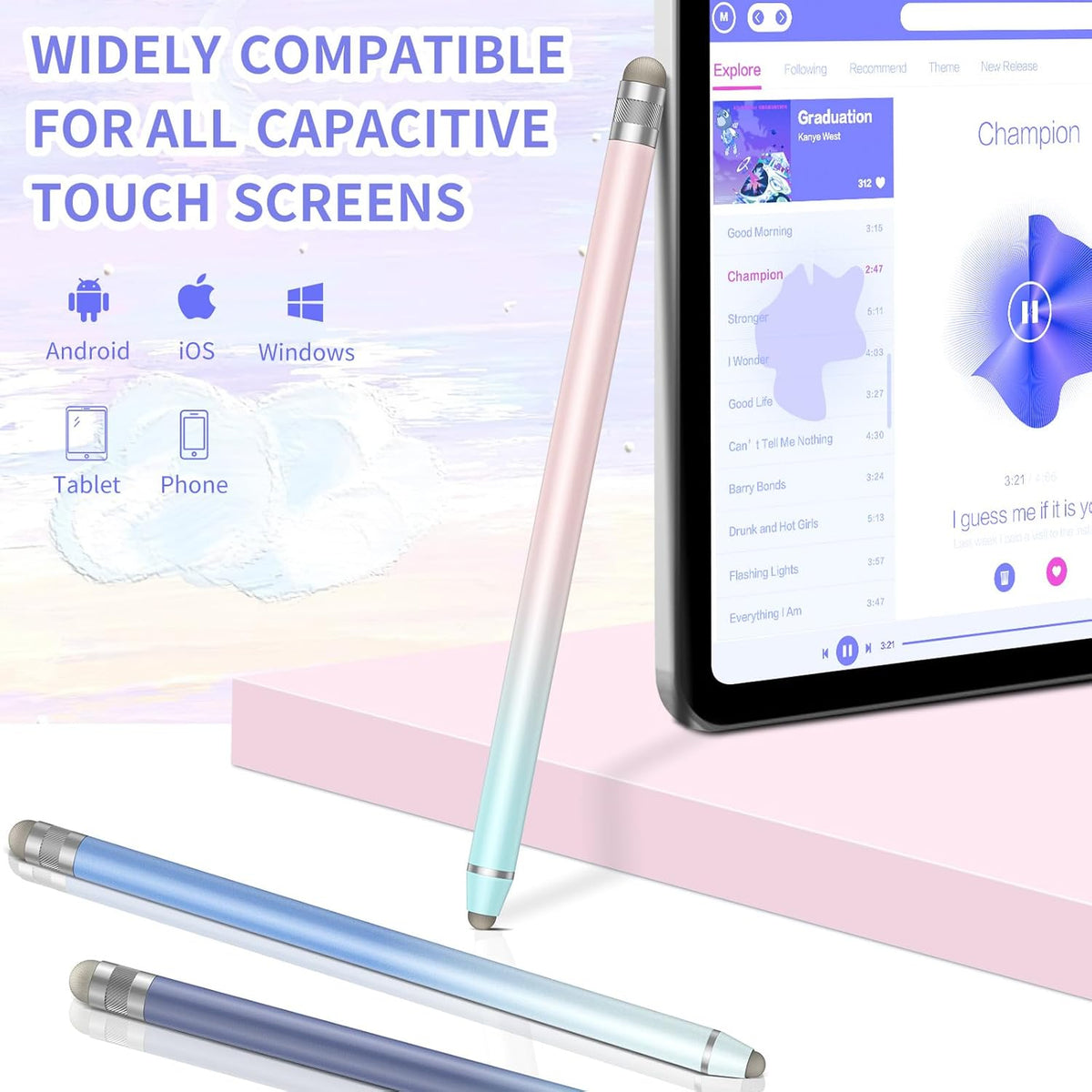 Stylus Pens for Touch Screens (3 Pcs), High Sensitivity Fiber Tips Capacitive Stylus for iPad, iPhone, Tablets, Samsung