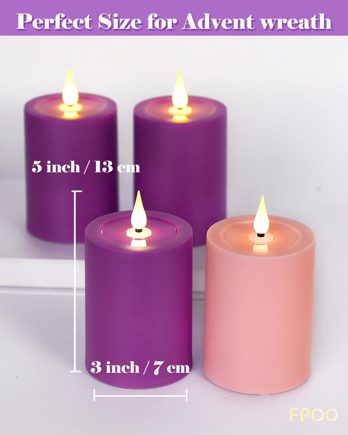 FPOO Advent Candles Battery Operated Set of 4, Flameless Candles with Remote Timer for Advent Wreath Church Décor (3‘’x 5‘’)