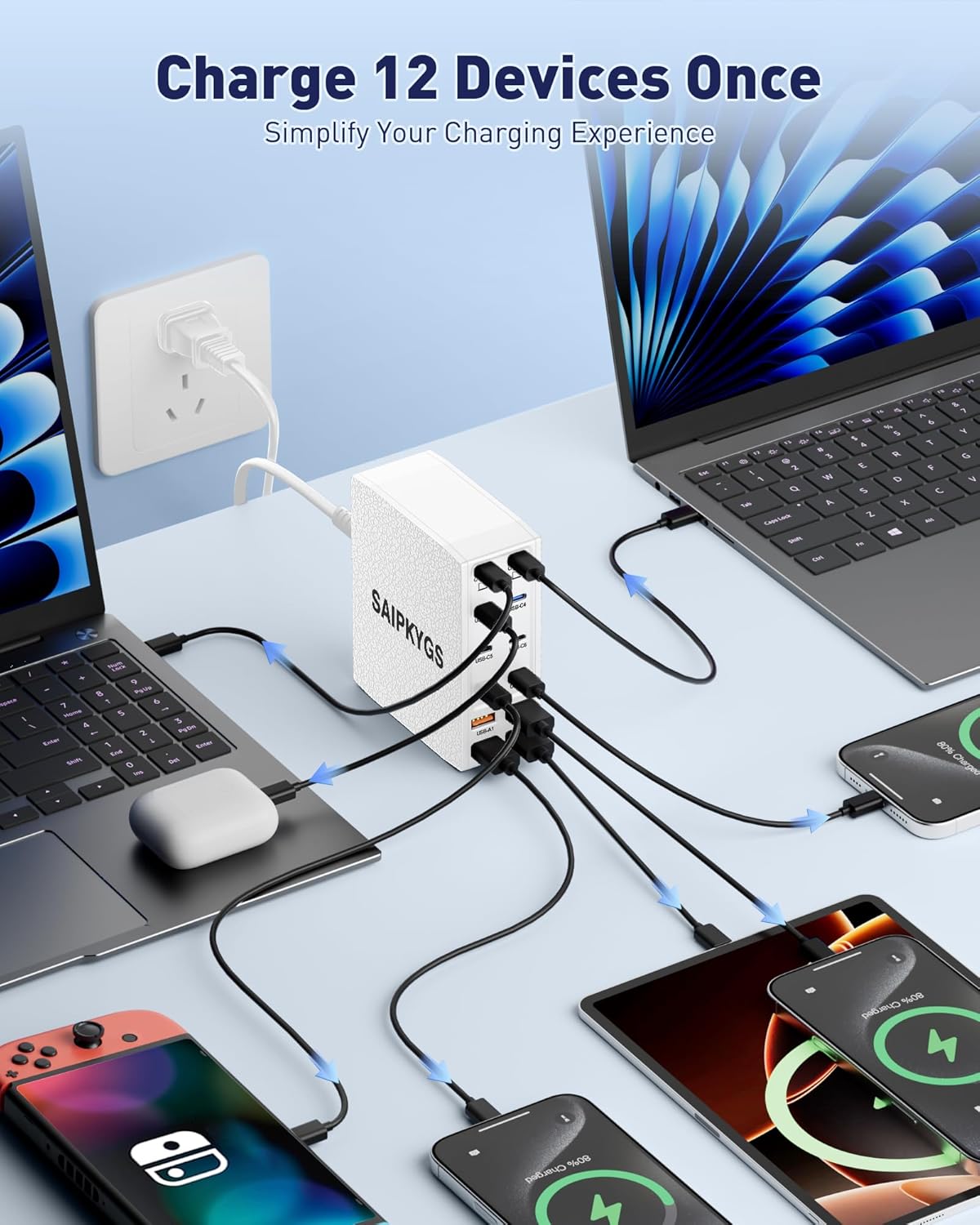 Charging Station (600W),12-Port USB C Charger Block with Dual 100W PD USB-C Fast Charging Station Hub for MacBook Pro/Air/All iPad iPhone 17/16 15/14/13/Pro Max/Samsung Galaxy Note(White)