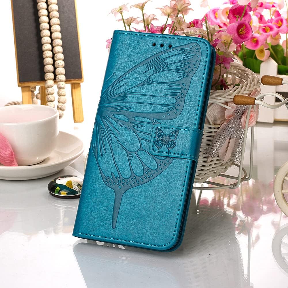 iPhone 7/8 Plus Wallet Case, Butterfly Floral Embossed, Card Holder Slots, Stand Leather Protective Flip Cover (Blue)