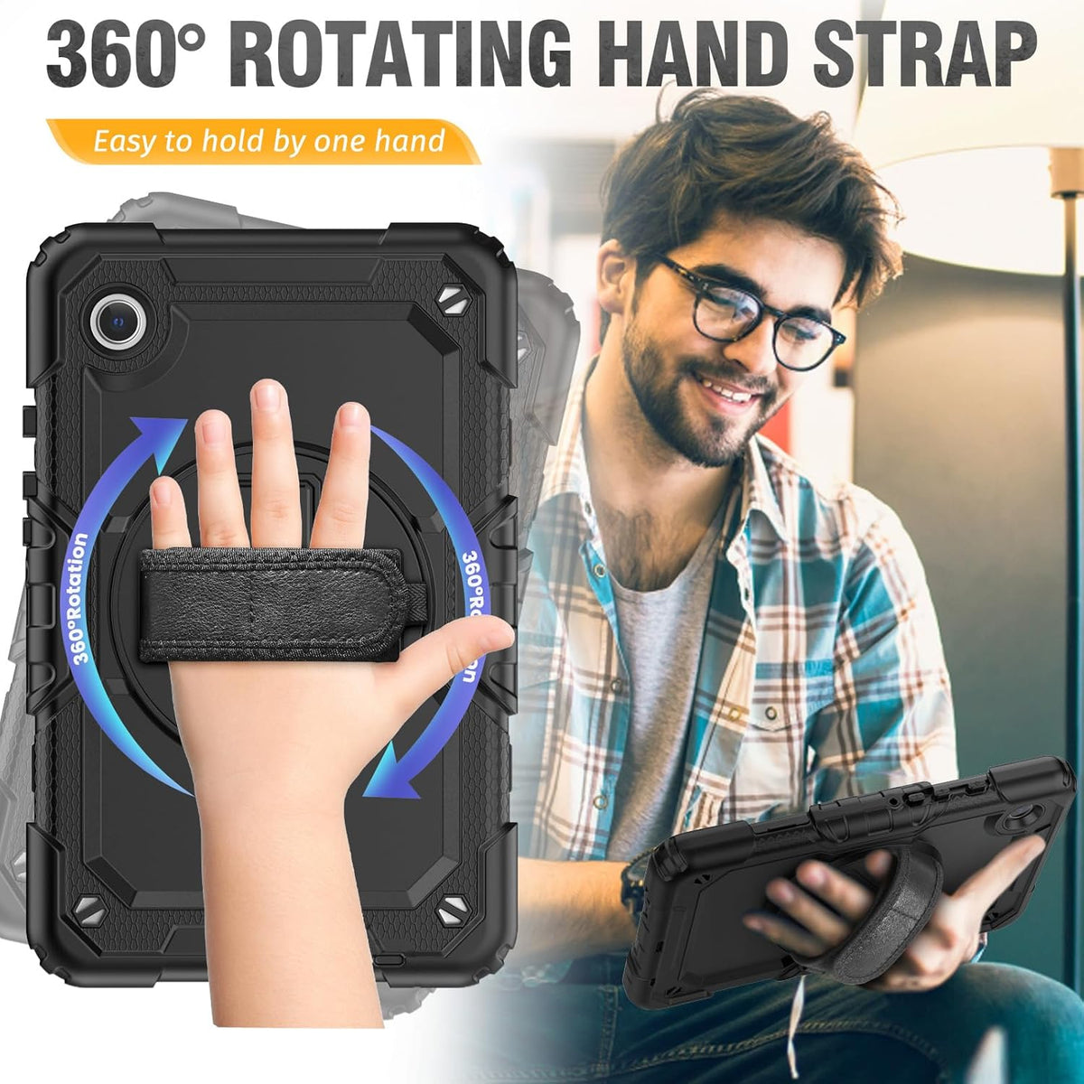 HXCASEAC Case for Samsung Galaxy Tab A9 8.7 Inch, Protective with Screen Protector/Hand Strap/Pen Holder, Sturdy Shockproof for Samsung A9 Tablet Case SM-X110 SM-X115 SM-X117 - Black