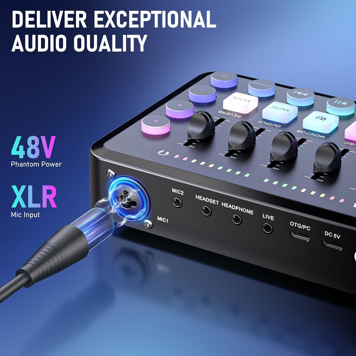 F11 Gaming Audio Mixer, Sound Board for PS5/ PC/Phone, Live Streaming Audio Interface with 3.5mm/XLR Microphone Input, Individual Control Live Sound Card, DJ Mixer Effects, Voice Changer, Denoise