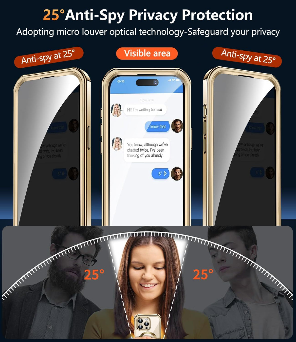 [360° Rotatable CD Stand & Built-in Privacy Screen Magnetic Case for iPhone 14 Pro [Compatible with MagSafe & Full Signal] Mil-Grade Shockproof Full Body Anti-Spy Cover for 14 Pro-Gold