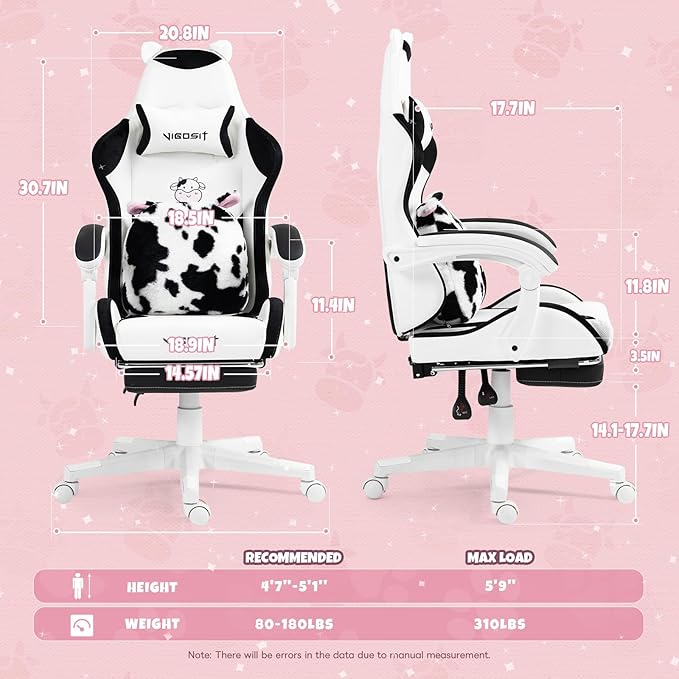 Cute Cat Gaming Chair with Paw Lumbar Cushion PC Video Gamer Chair for Girl Teen Woman (Black White)