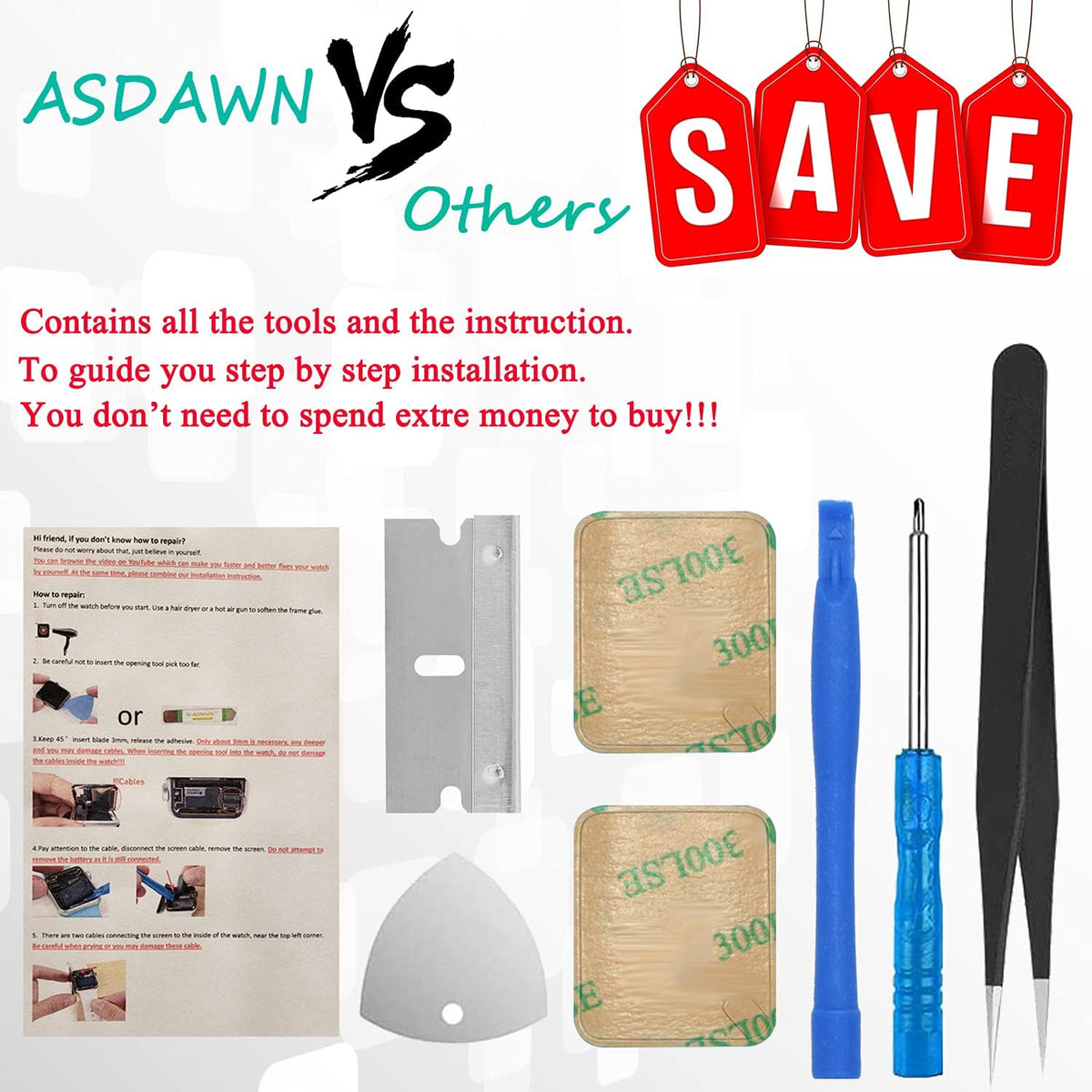 ASDAWN A1875 Battery Replacement, Compatible with Apple Watch Series 3 42mm, Repair Tool Set + Back Cover Adhesive