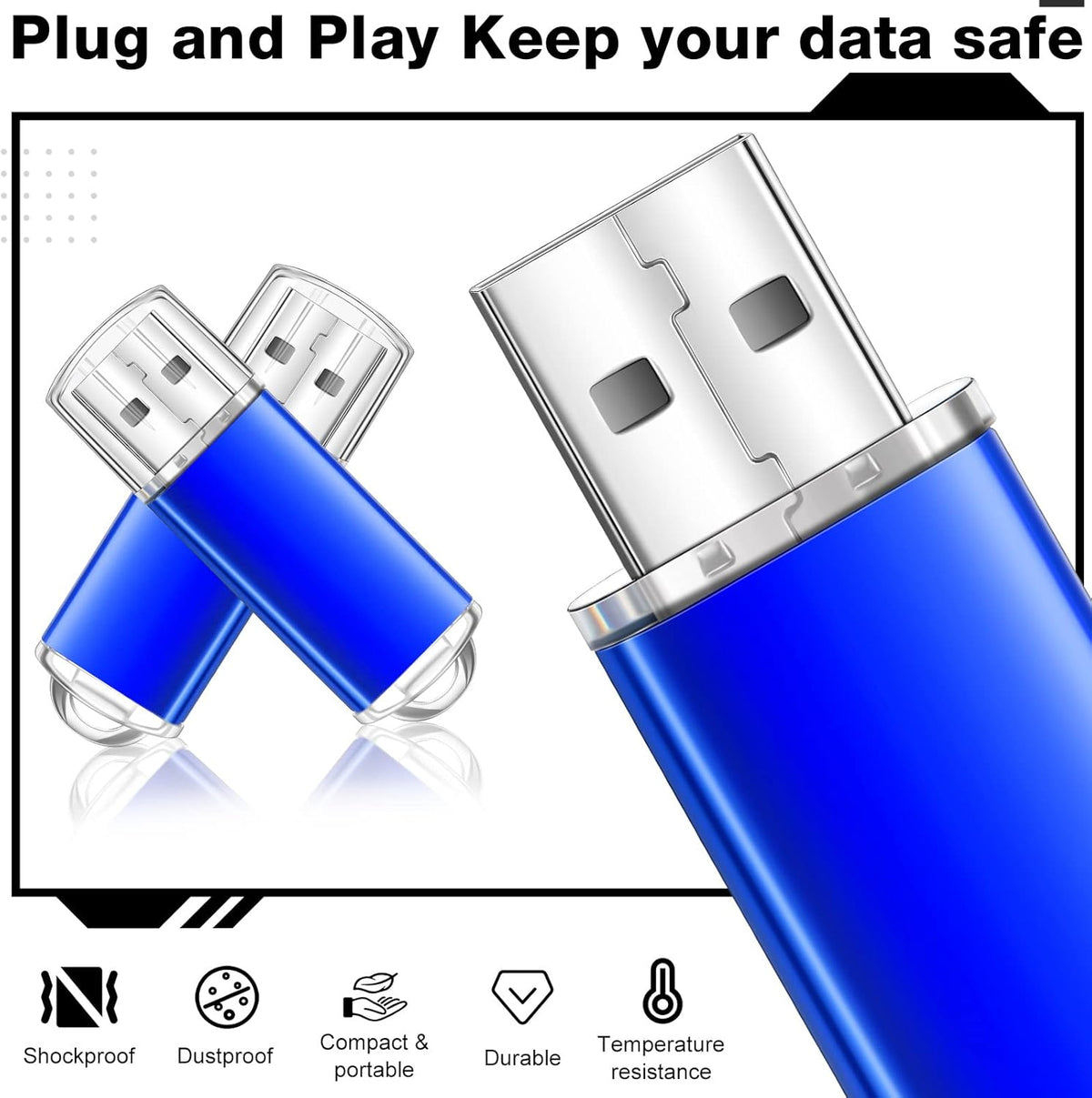Hoteam 50 Pack USB 2.0 Flash Drives Bulk Blue Portable Thumb Drive with Hat USB Sticks Bulk with 50 Pcs Lanyards for Data Storage File Sharing Commercial Gift(4GB)