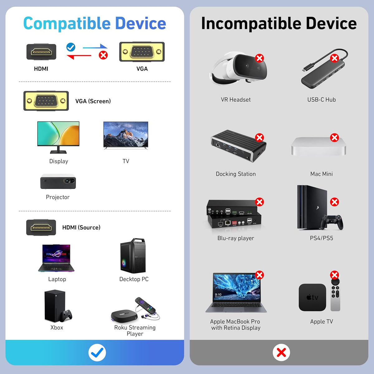 BENFEI HDMI to VGA 6 Feet Cable, Uni-Directional HDMI Computer to VGA Monitor Cable (Male to Male) Compatible for Computer, Desktop, Laptop, PC, Monitor, Projector, HDTV, Roku, Xbox