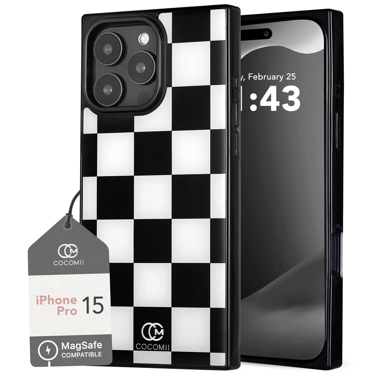 Cocomii Rectangle Case For Iphone 15 Pro, Compatible With Magsafe, Monochrome Checkered