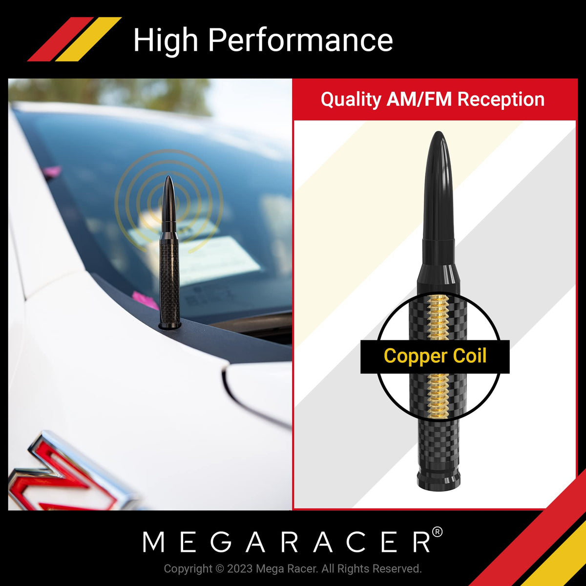 Mega Racer 50 Cal Bullet Antenna - Black Carbon Fiber 5.5 Inch AM/FM Compatible Universal Fit for Truck, Solid Aluminum with Anti-Theft Design and Car