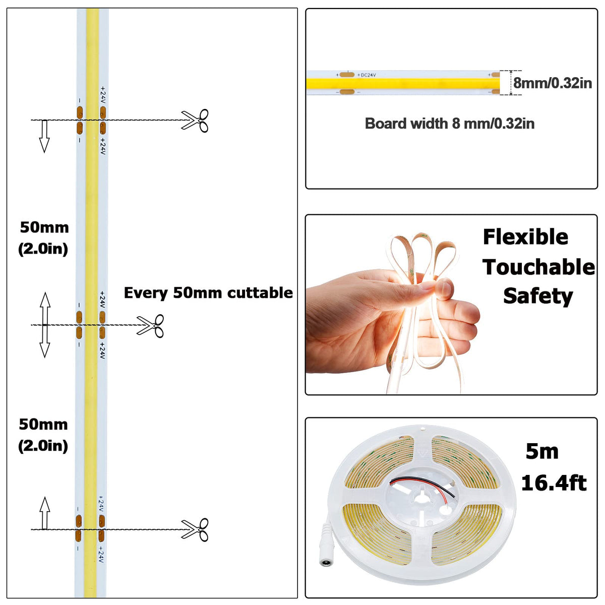KXZM DC 24V COB LED Strip Light Natural White 4000K 2400LEDs 16.4ft(5M) CRI 93+ 4500lm Uniform Glow Flexible IP20 Not Waterproof LED Tape Lights