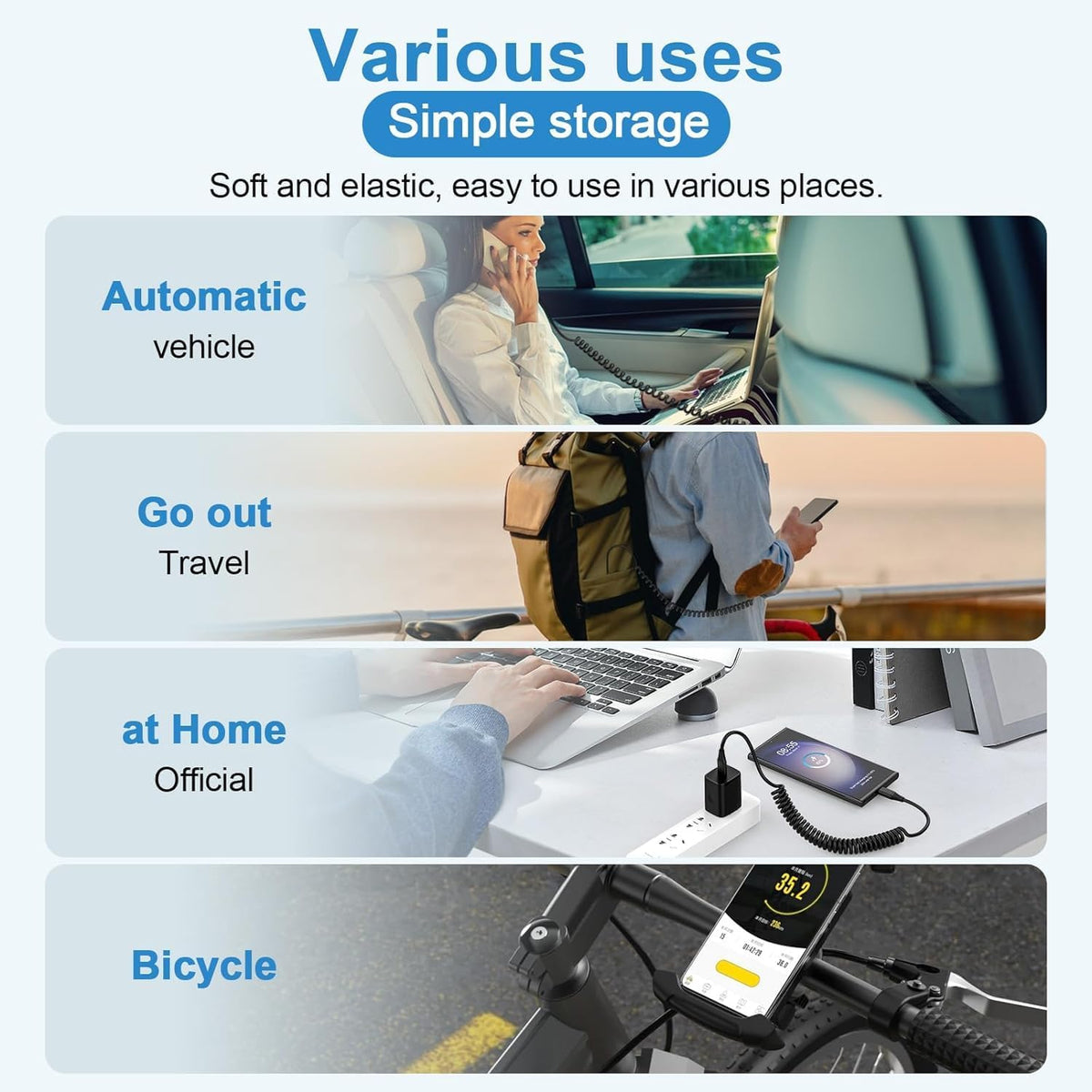 3ft Retractable USB C to C Car Charger Cable for iPhone 15 Pro Max, Coiled Fast Charging Cord for Samsung