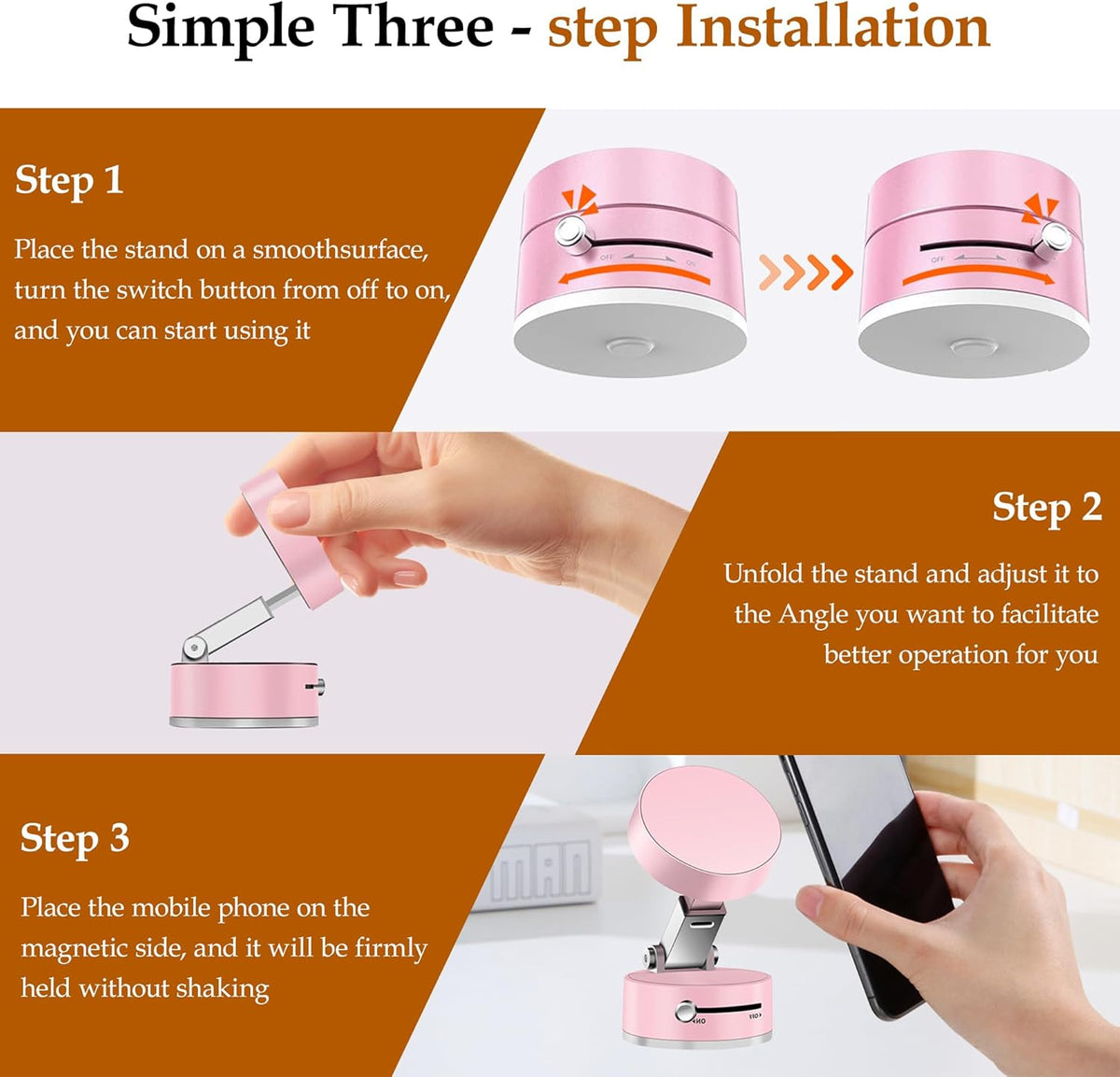 Foldable Vacuum Magnetic Suction Phone Holder,Retractable Magnetic Car Holder,Hands-Free Portable Multifunctional Vacuum Suction Phone Mount for Car, Mirror, Gym, Kitchen (Pink)