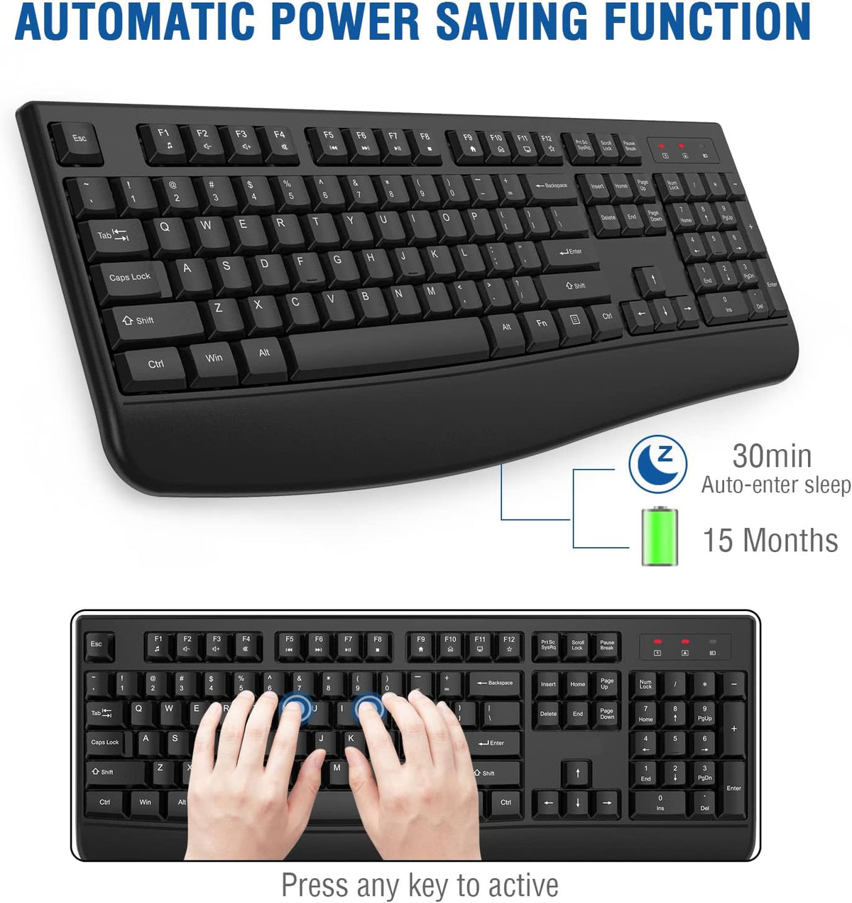 EDJO Wireless Keyboard, 2.4G Ergonomic Full Size Wireless Computer Keyboard with Wrist Rest for Windows, Mac OS