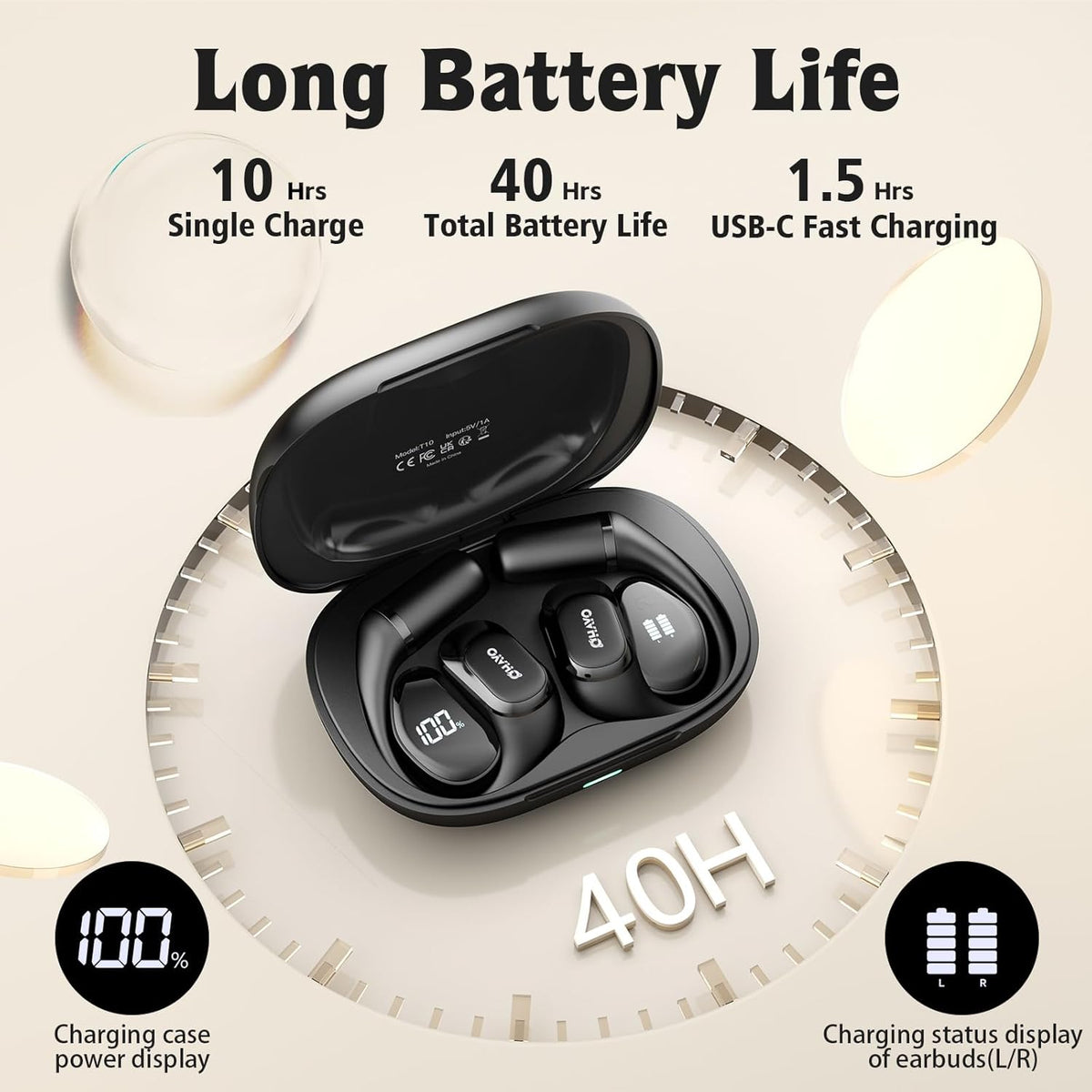 Open Ear Headphones,Over Ear Earbuds with Ergonomic Earhook,Bluetooth Headphones 5.4 with Smart Digital Display,40H Playtime,IPX6 Waterproof,Touch Control Operate Fit Cycling,Running,Workout(Black)