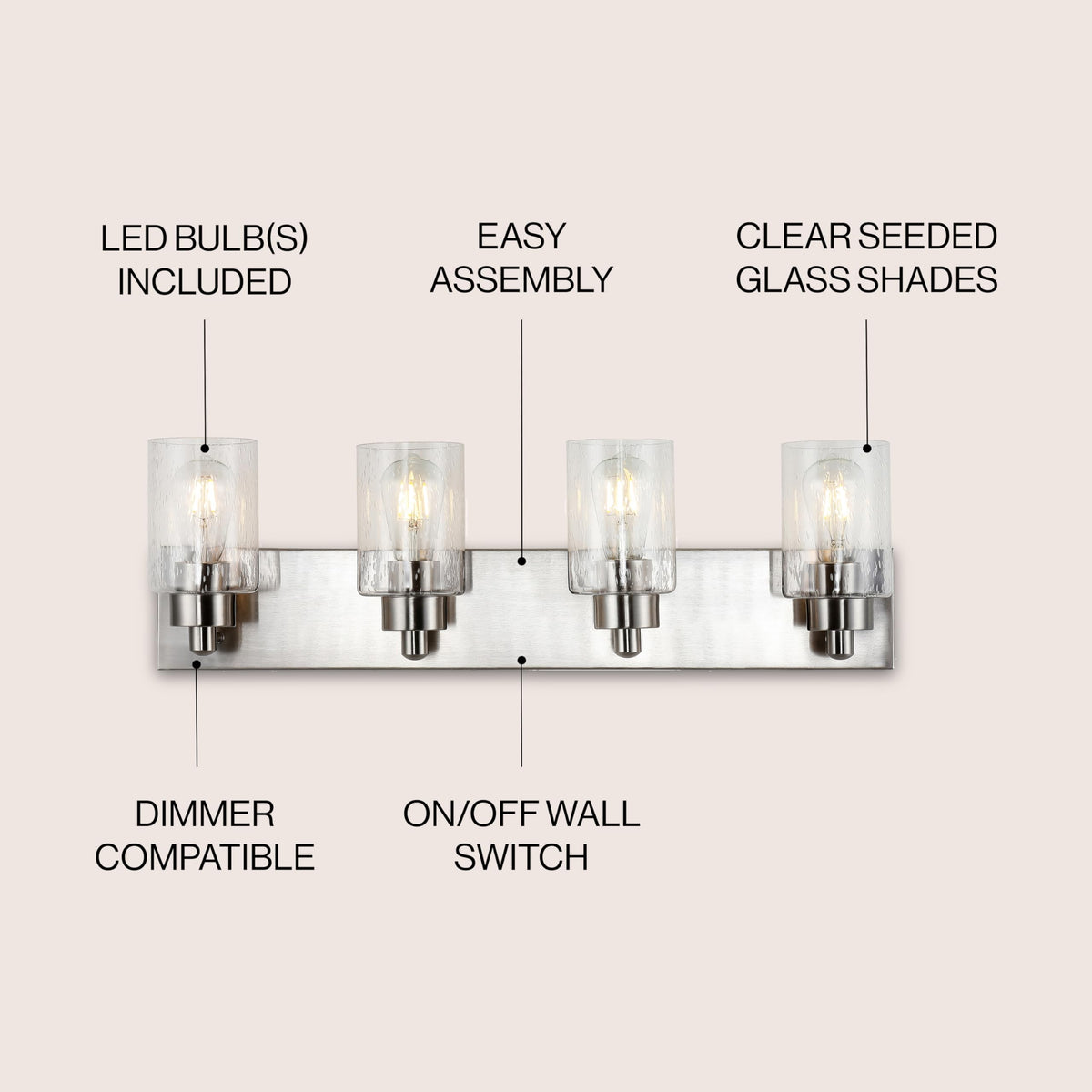 JONATHAN Y 27.75" Nickel 4-Light Modern LED Vanity Light for Bathroom Mirror, Mid-Century Wall Sconce with Clear Seeded Glass Shades, Contemporary