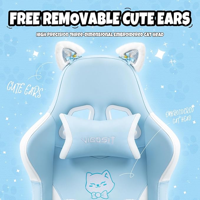 Cute Gaming Chair with Cat Paw Lumbar Cushion and Cat Ears Kawaii Pink Computer Chair with Footrest Ergonomic PC Video Anime Gaming Chairs Recliner for Kids Girls Teens (Blue)