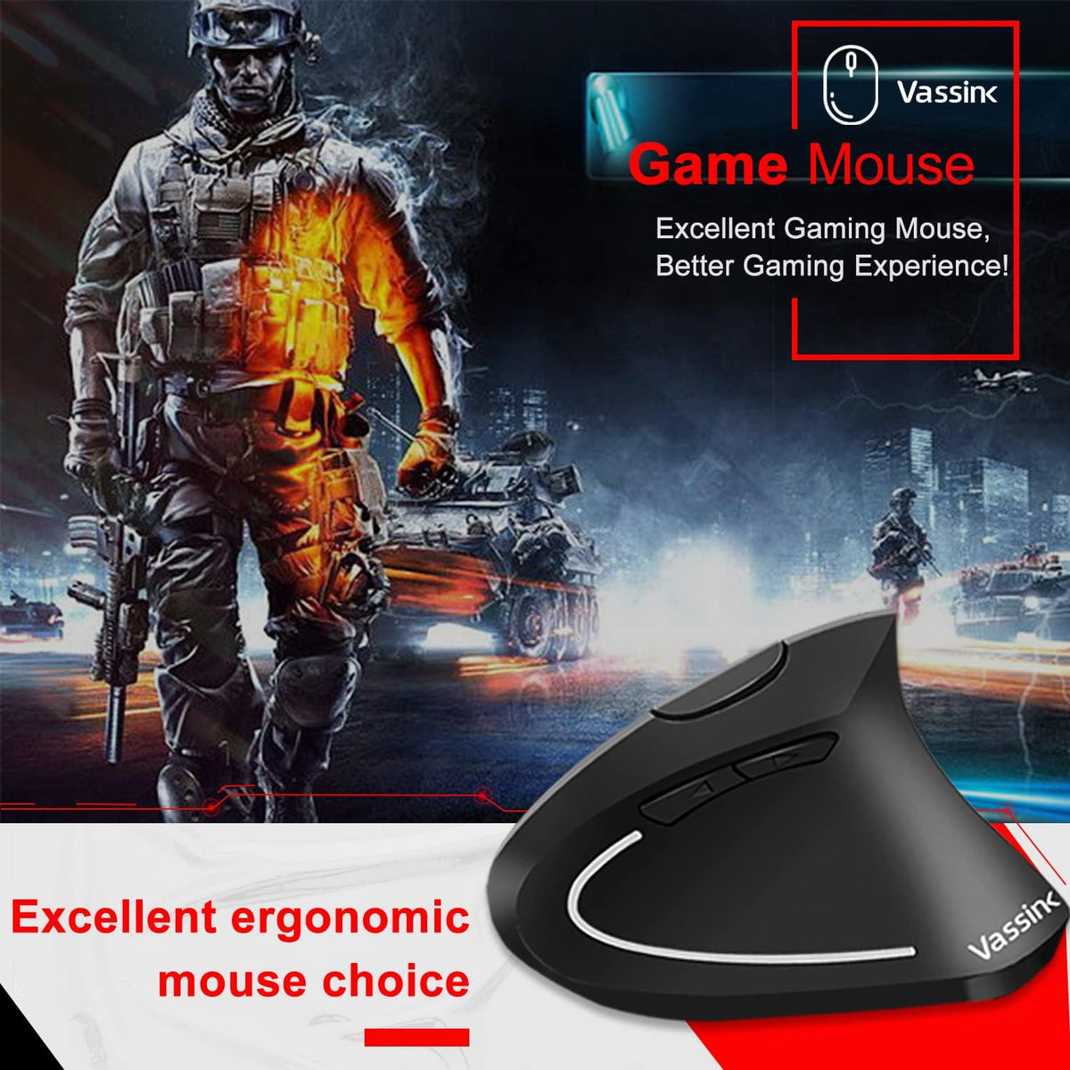 Vassink Ergonomic Mouse, Rechargeable Wireless Mouse, 2.4GHz Rechargeable Wireless Vertical Optical Mice with USB Receiver, 6 Buttons for Laptop, PC, Computer Black