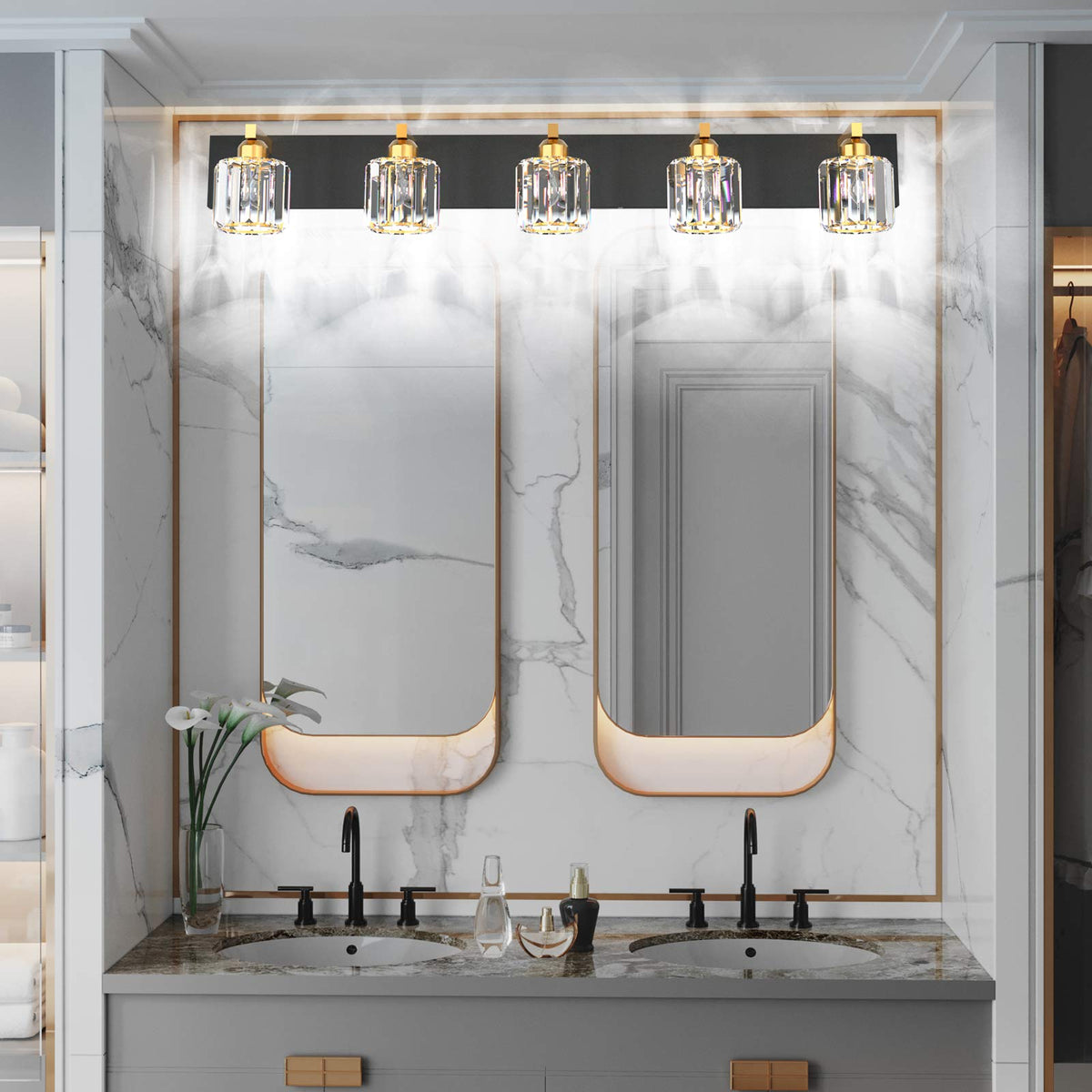 Aipsun Crystal Bathroom Vanity Light Black Vanity Lighting fixtures 5 Lights Crystal Vanity Light for Bathroom(Exclude Bulb)