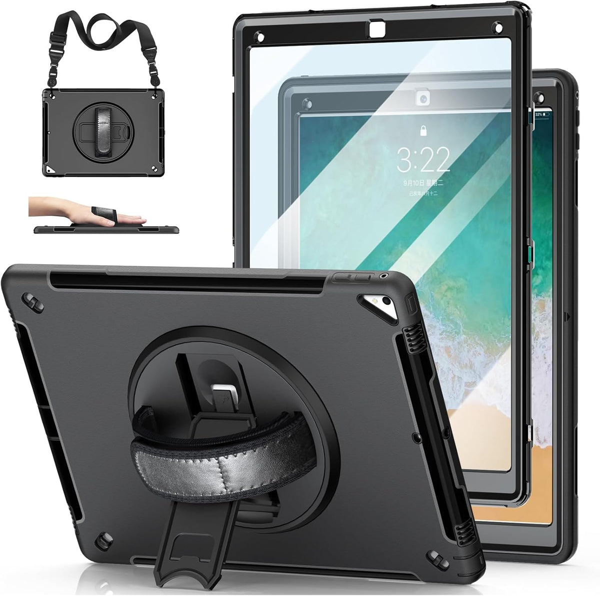 Case for iPad Pro 12.9 2nd Generation 2017 & 2015 1st Generation, Heavy Duty Rugged TPU Protective Cover with Screen Protector- Stand + Handle Hand & Shoulder Strap + Pencil Holder- Black