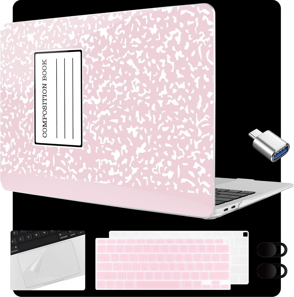 MEEgoodo for MacBook Air 13.3 inch Case 2021 2020 2019 2018 A2337 M1 A2179 A1932, Laptop Shell for MacBook Air M1 with Keyboard Webcam Cover & Trackpad Film & Type C Adapter,Pink Composition Book