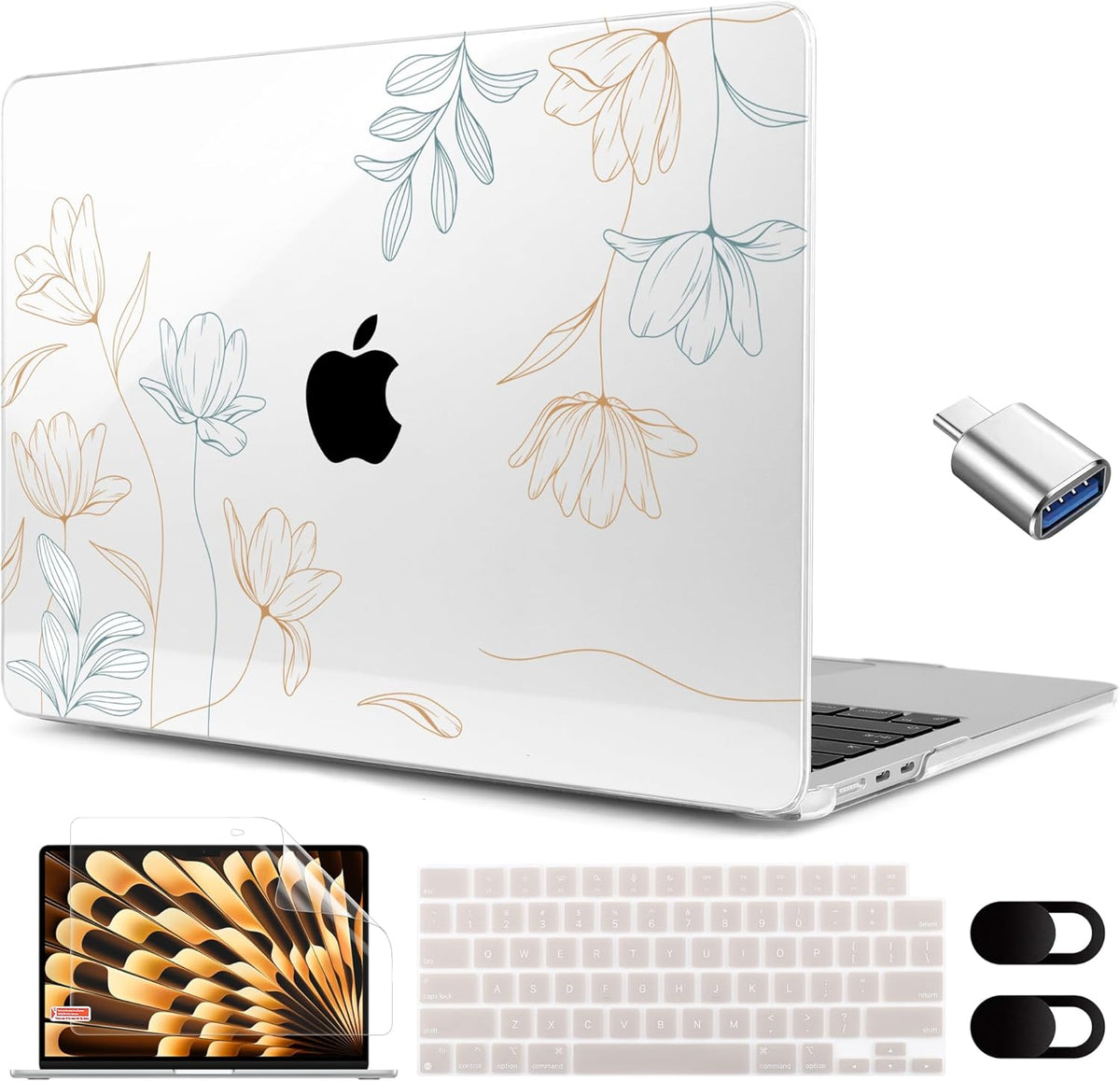 MEEgoodo for M4/M3/M2 MacBook Air 15.3 inch Case 2025 2024 2023, Case Fit Model (A3241/A3114/A2941) for MacBook Air 15 inch, Laptop Hard Shell with Keyboard Cover, Engraving Floral