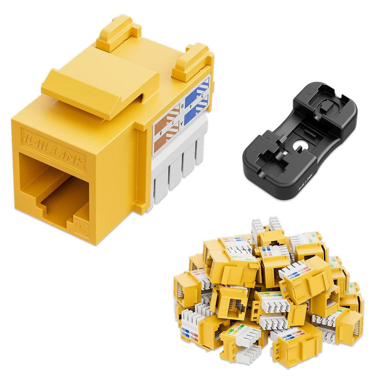 Iwillink 10Gbps Cat6 Keystone Jack, RJ45 25-Pack and Punch-Down Stand, UTP Modular Ethernet Insert 90-Degree, Punch Down Adapter, Yellow