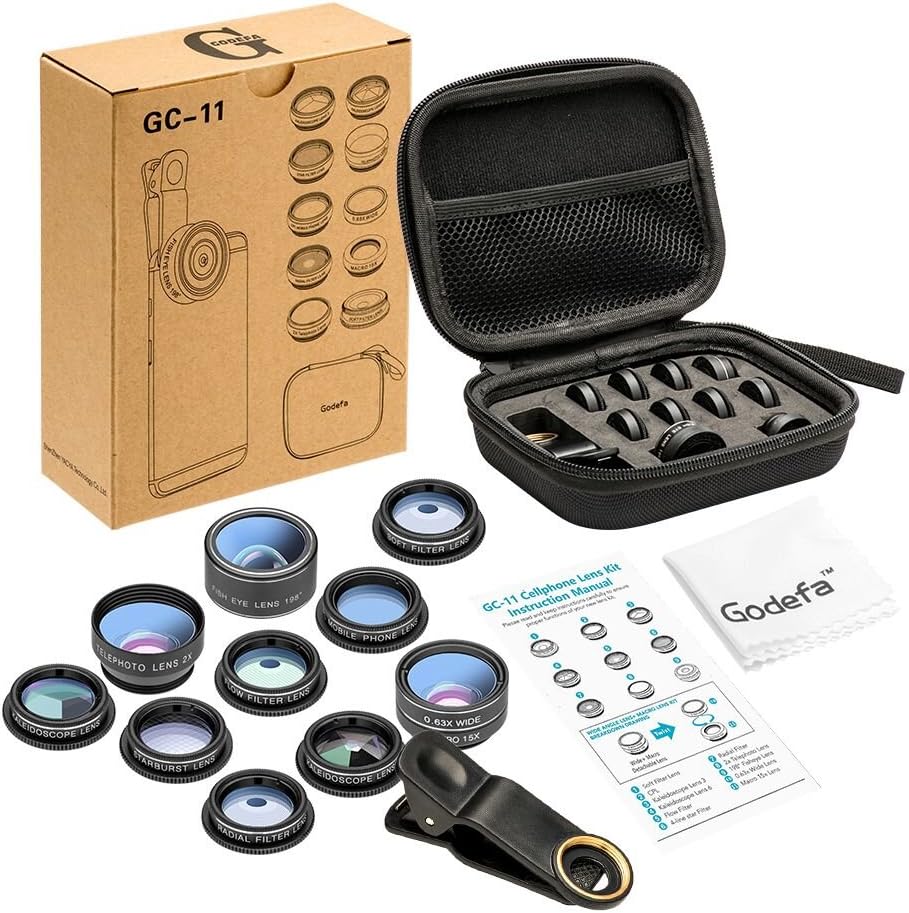 Cell Phone Camera Lens Kit - 11 in 1 Super Wide Angle, Macro, Fisheye, Telephoto, CPL & More for iPhone/Samsung