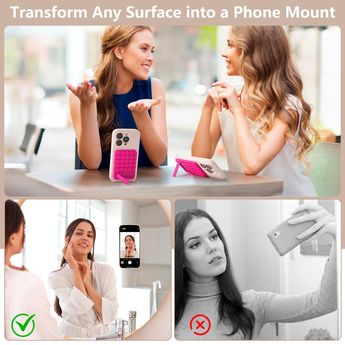 EASTOU Suction Phone Mount for Case, 2 in 1 Silicone Octo Cup Buddy Sticky Grip Holder for iPhone, Hands-Free Selfie/Video for TikTok Influencers,Dark
