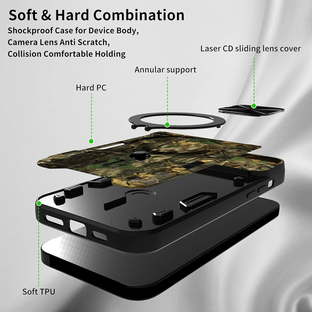 Samsung Galaxy A53 5G Case - Heavy Duty Dual Layer with Slide Camera Lens Cover & 360° Kickstand, Camouflage Tree.