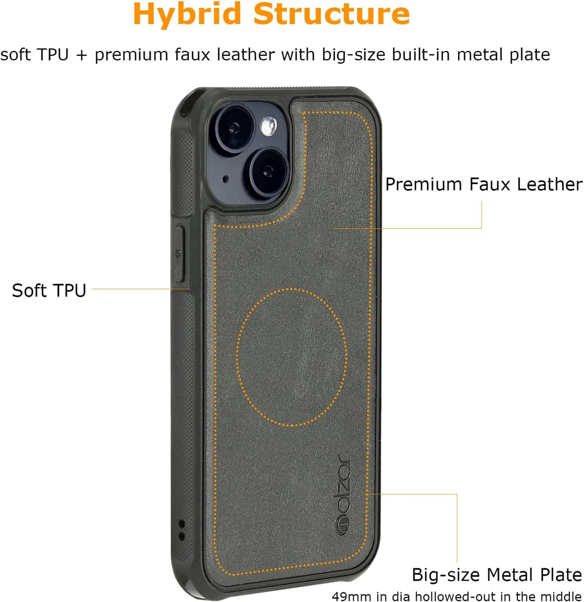 Molzar MagBig Series Case for iPhone 14, Black, Wireless Charging Support, Built-in Metal Plate for Magnetic Car Mount.