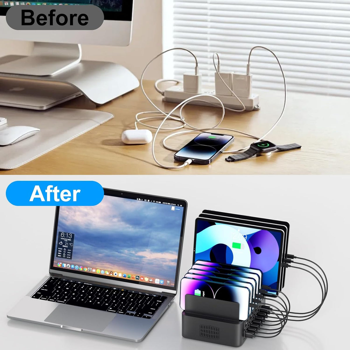150W/35A Charging Station for Multiple Devices, 16 Port USB C Fast Charging Station with Adjustable Dividers - Organizer Charging Dock for Smartphone, iPad, Kindle, Tablet & More